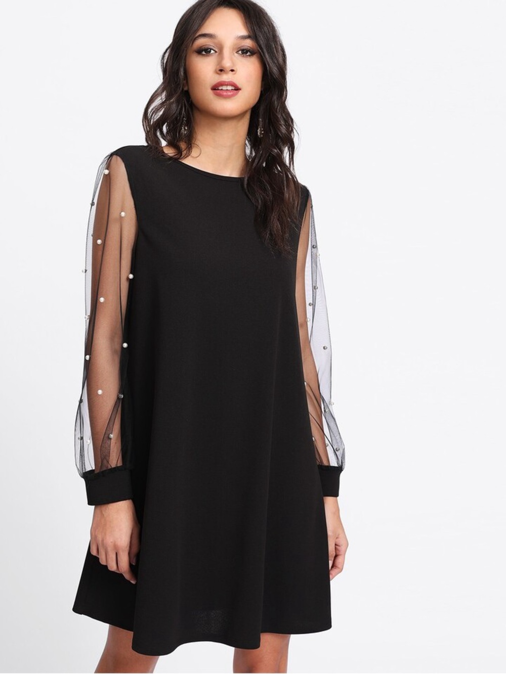 WhimsiGoth Pearl Beading Mesh Sheer Sleeve Tunic Dress Black 3XL Witchy Goth